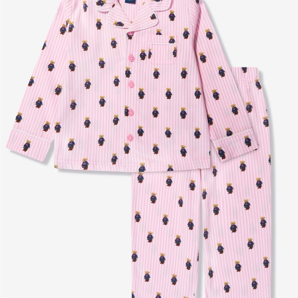 Ralph Lauren Polo Pink Striped Girls Pajamas with Iconic Polo Bear Print Size 12